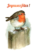 Joyeuses f&ecirc;tes avec un rouge-gorge enneig&eacute;